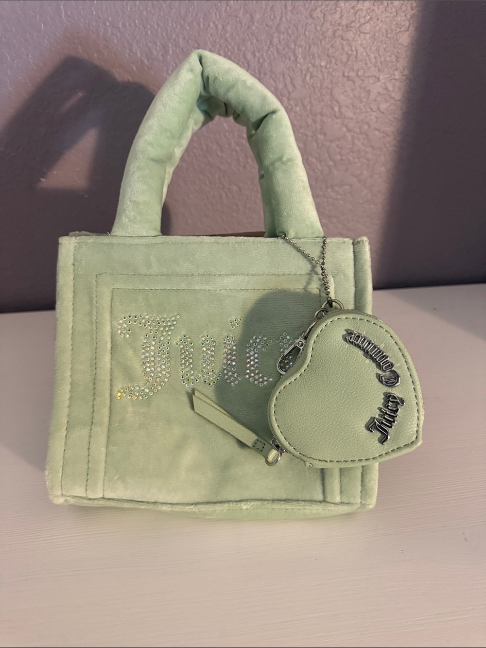 Juicy Couture Mint Green Velvet Mini Tote with Heart Charm